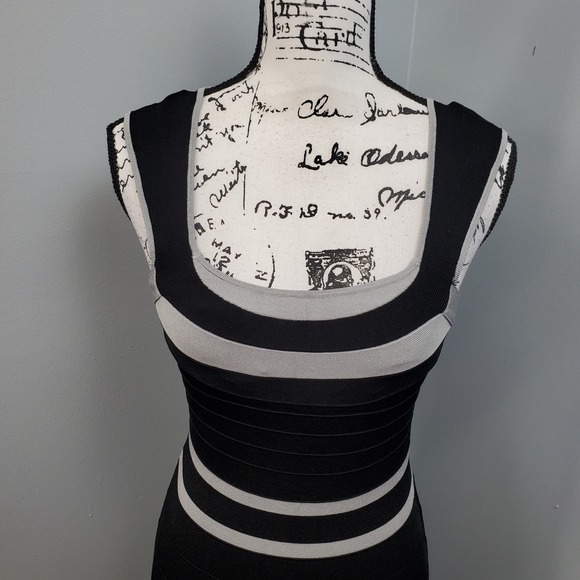 Express Bodycon Knitted Dress Womens Small Black Gray Striped Stretch Cross Back - Picture 4 of 6